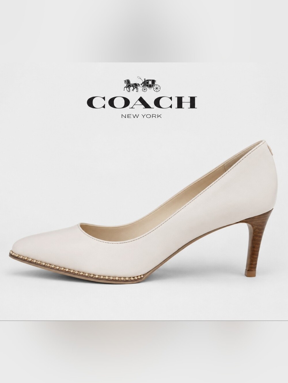 Coach Vonna Cream Leather Mid Heel Pump Gold Stud Size 6